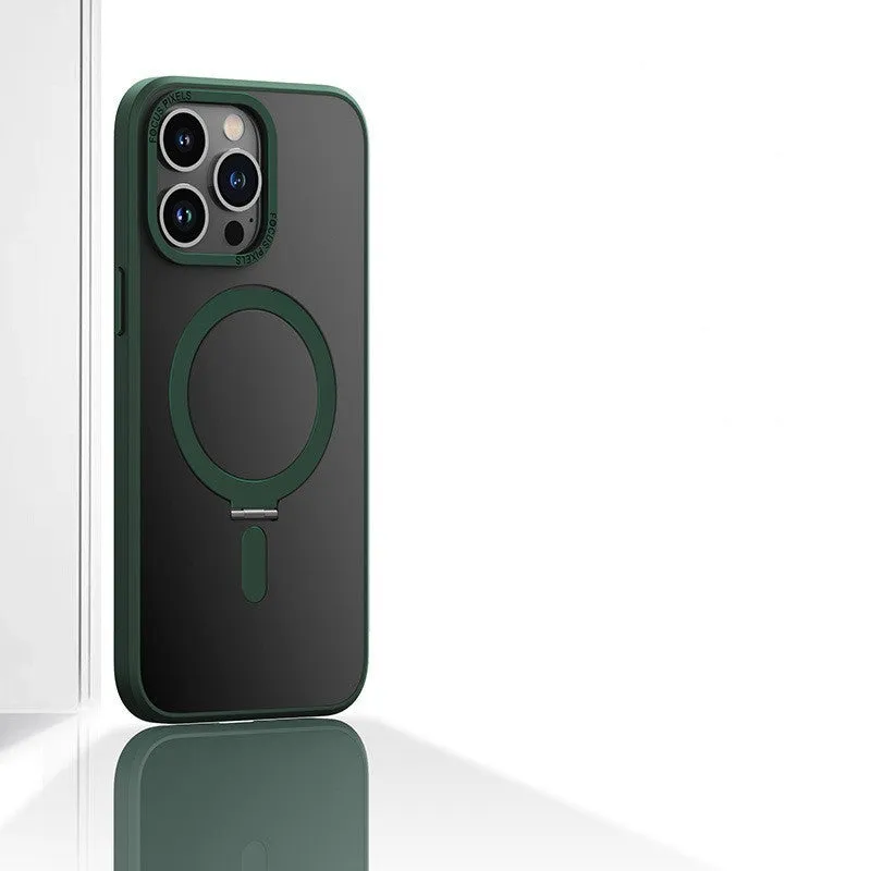 Magnetic phone case with invisible stand for iPhone 15 Pro Max in silver, showing bracket deployed