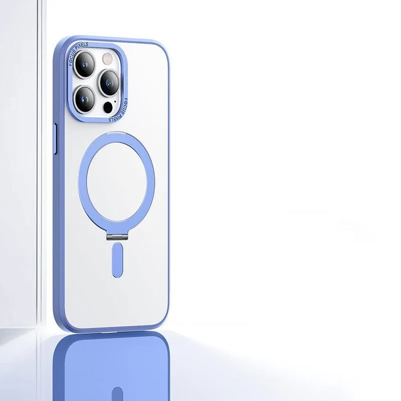 Magnetic phone case with invisible stand for iPhone 15 Pro Max in silver, showing bracket deployed