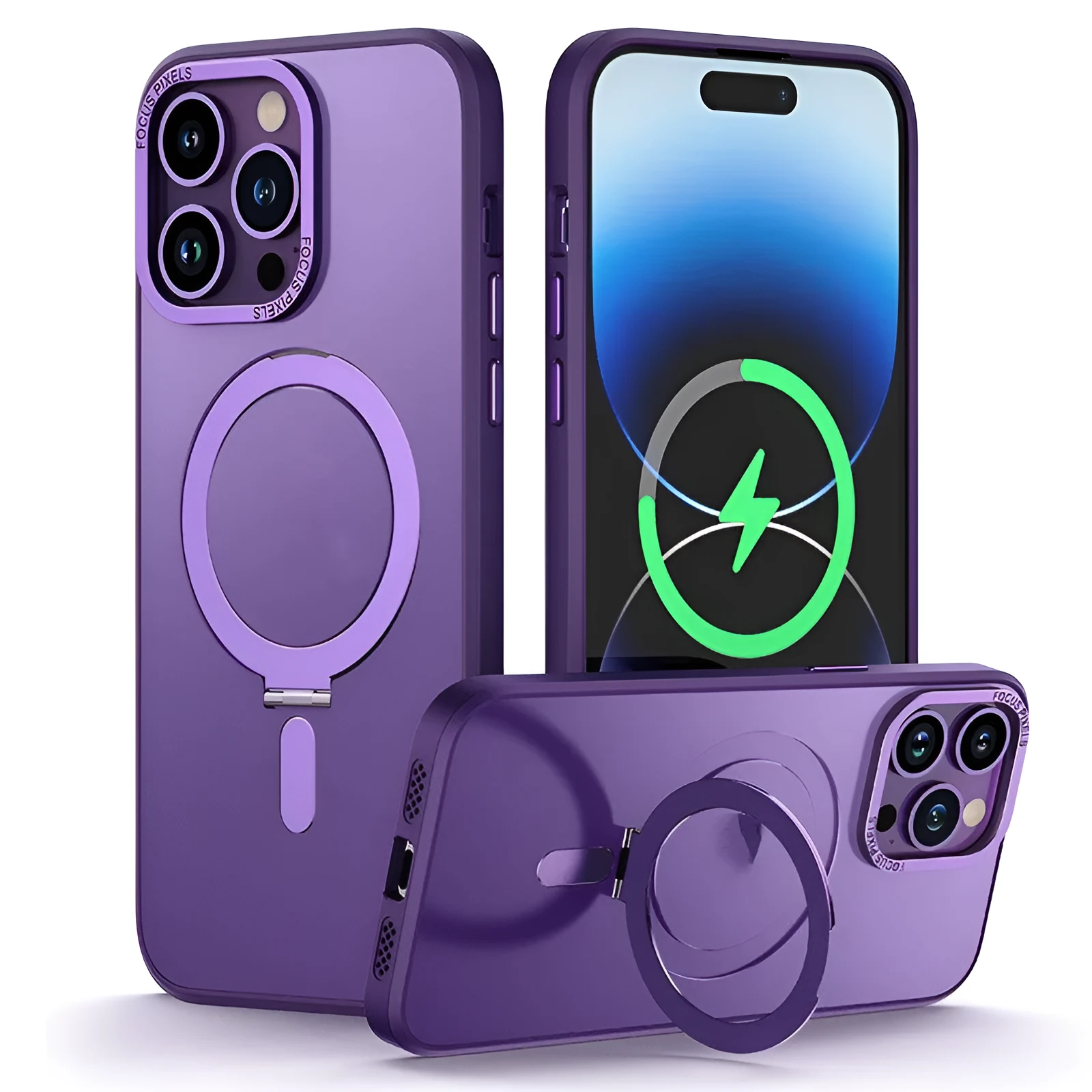 Magnetic phone case with invisible stand for iPhone 15 Pro Max in silver, showing bracket deployed