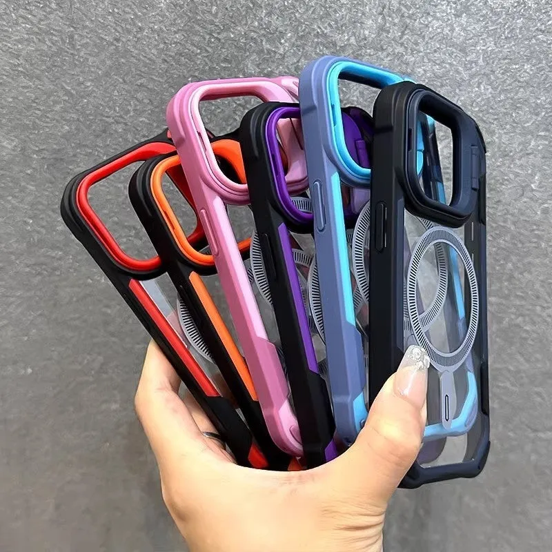 Lens cover bracket phone case with four-corner airbag drop protection for iPhone 13 14 15 16 Pro Max in red black colour