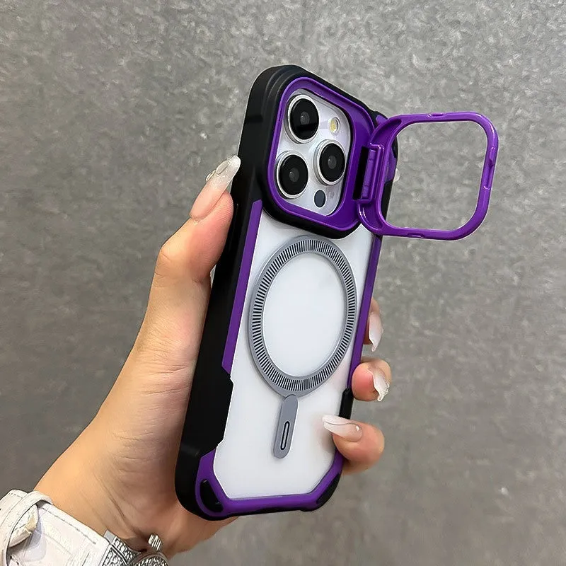 Lens cover bracket phone case with four-corner airbag drop protection for iPhone 13 14 15 16 Pro Max in red black colour