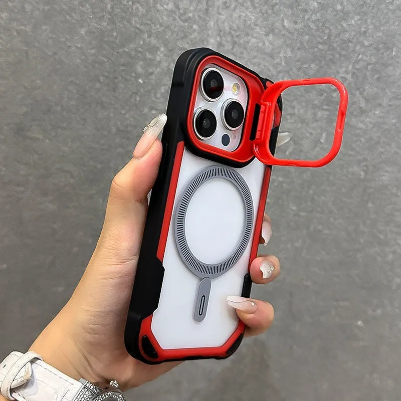 Lens cover bracket phone case with four-corner airbag drop protection for iPhone 13 14 15 16 Pro Max in red black colour