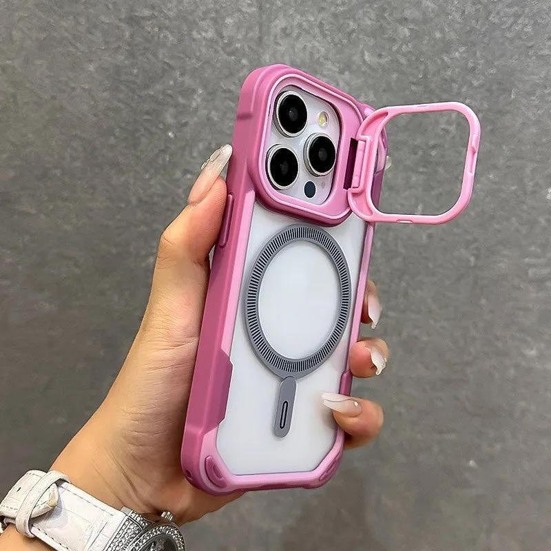 Lens cover bracket phone case with four-corner airbag drop protection for iPhone 13 14 15 16 Pro Max in red black colour