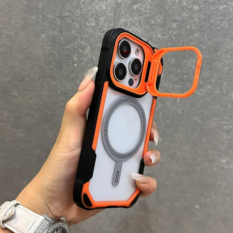 Lens cover bracket phone case with four-corner airbag drop protection for iPhone 13 14 15 16 Pro Max in red black colour