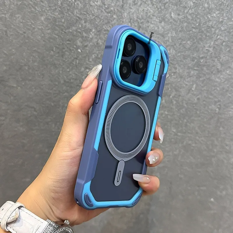 Lens cover bracket phone case with four-corner airbag drop protection for iPhone 13 14 15 16 Pro Max in red black colour