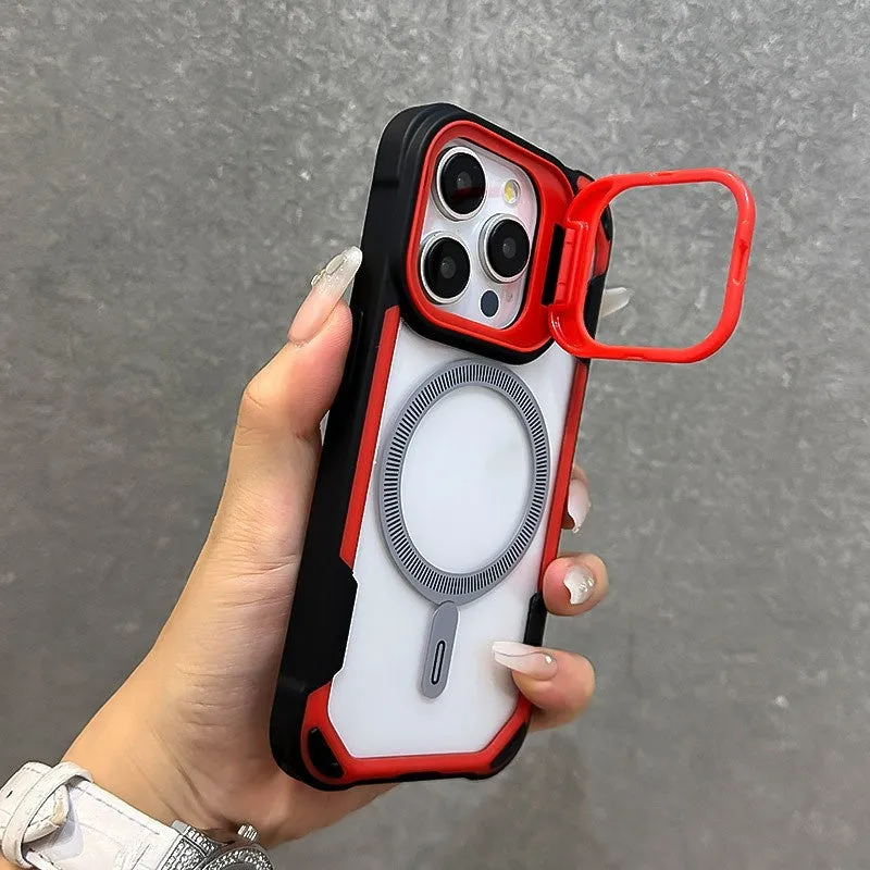 Lens cover bracket phone case with four-corner airbag drop protection for iPhone 13 14 15 16 Pro Max in red black colour