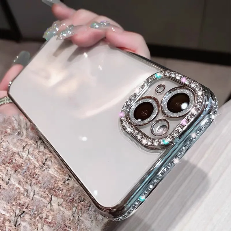 Rhinestone phone case for iPhone in silver with all-inclusive TPU silica gel design