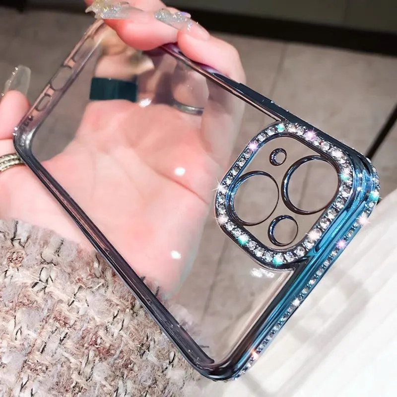 Rhinestone phone case for iPhone in silver with all-inclusive TPU silica gel design
