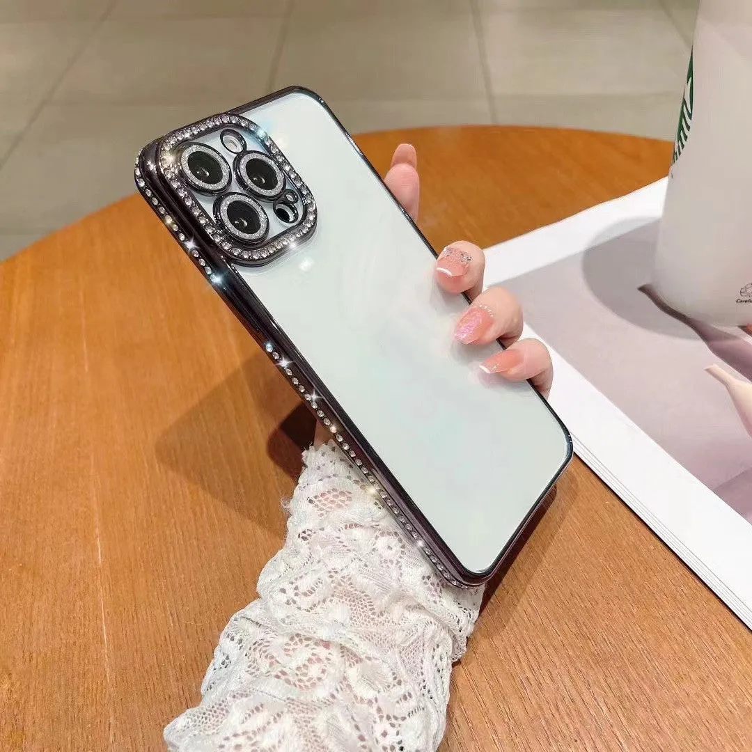 Rhinestone phone case for iPhone in silver with all-inclusive TPU silica gel design