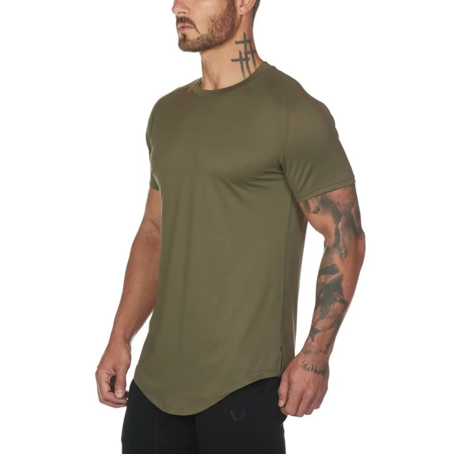 Men's plain gym shirt in cotton-spandex blend fabric showing colour options including army green, black, and white