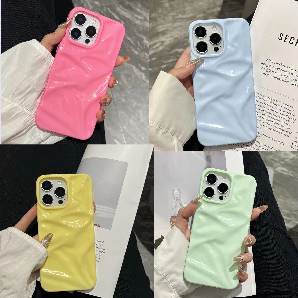 TPU macaron colour phone case with three-dimensional pleated pattern for iPhone