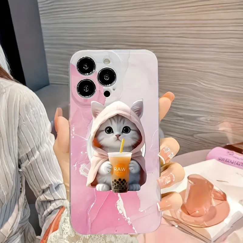 Creative cartoon acrylic flat phone holder with transparent support in milk tea cat design on a desk