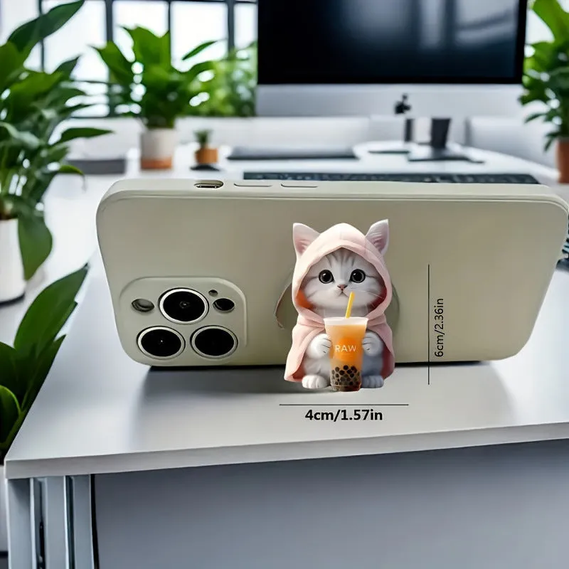 Creative cartoon acrylic flat phone holder with transparent support in milk tea cat design on a desk