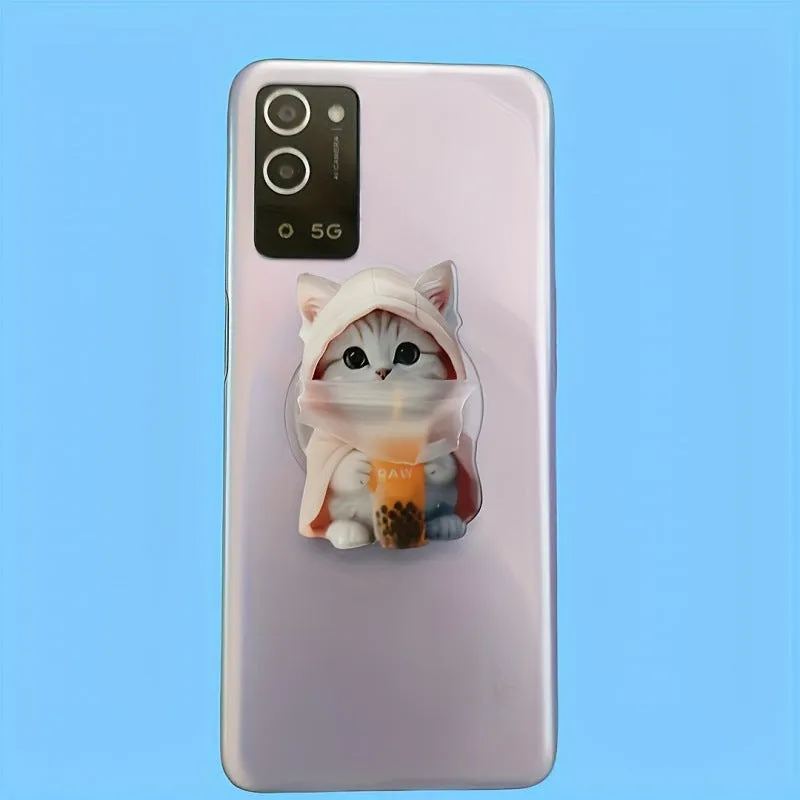 Creative cartoon acrylic flat phone holder with transparent support in milk tea cat design on a desk