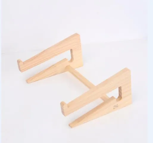 Solid wood notebook computer stand with raised cooling base on a desk, six style options for laptops