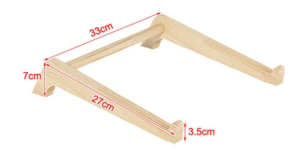 Solid wood notebook computer stand with raised cooling base on a desk, six style options for laptops