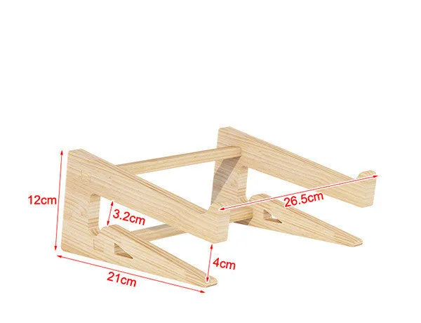 Solid wood notebook computer stand with raised cooling base on a desk, six style options for laptops
