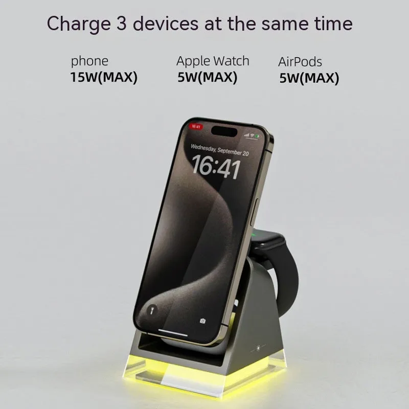 Three-in-one magnetic wireless charger with small night lamp in black, 118x104x78mm