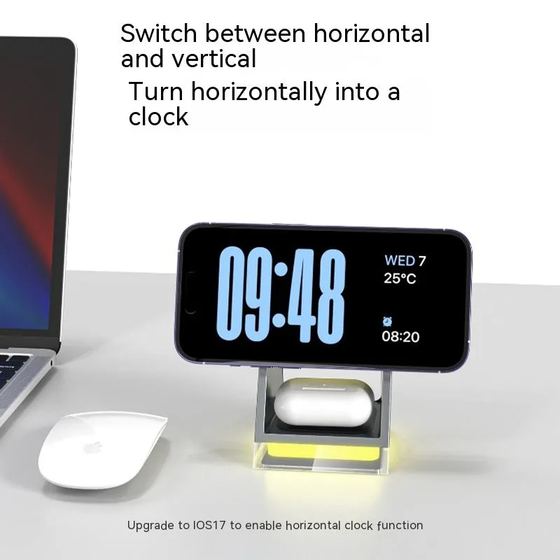 Three-in-one magnetic wireless charger with small night lamp in black, 118x104x78mm