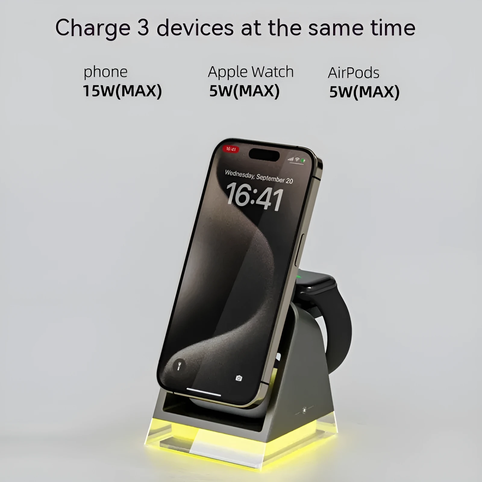 Three-in-one magnetic wireless charger with small night lamp in black, 118x104x78mm