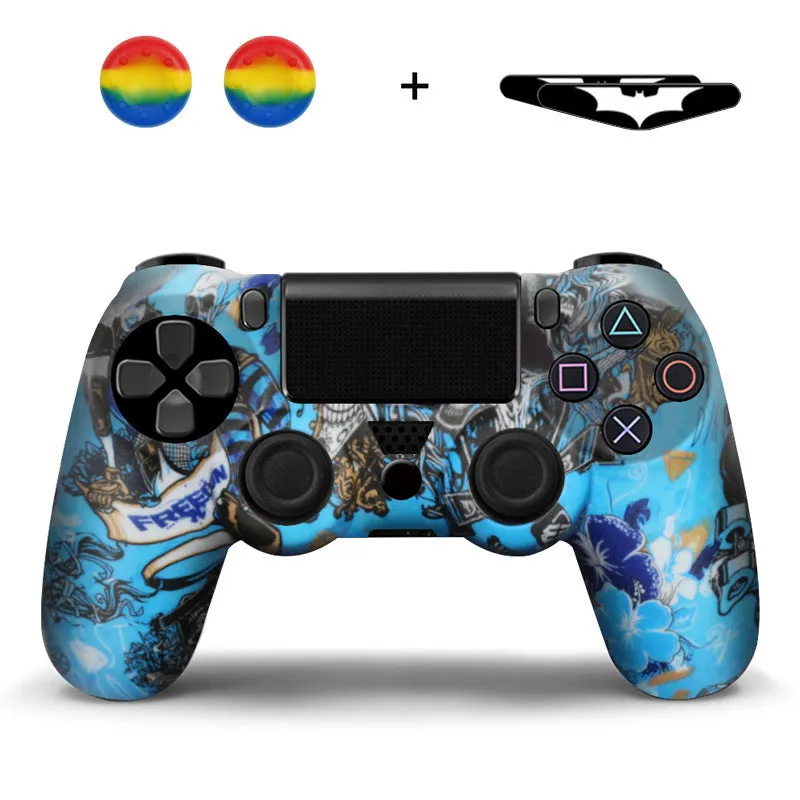 Camouflage silicone PS4 controller sleeve with button caps and lamp stickers in Red Leaf style