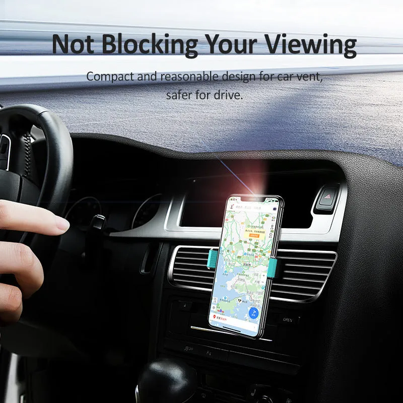 Black 360 rotating double buckle car vent phone holder mounted on a vehicle air outlet