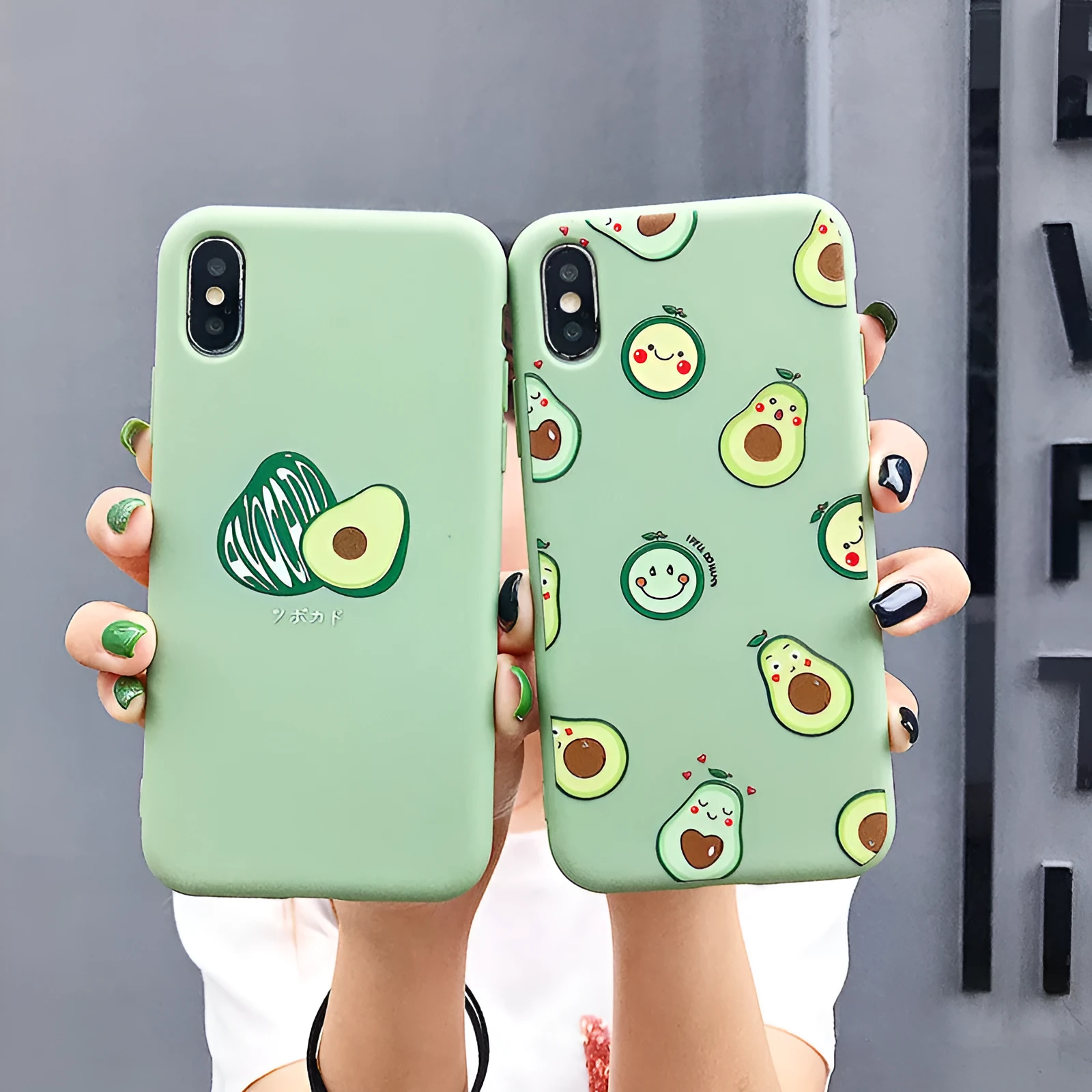 Avocado cartoon design on a green TPU back cover phone case for smartphones.