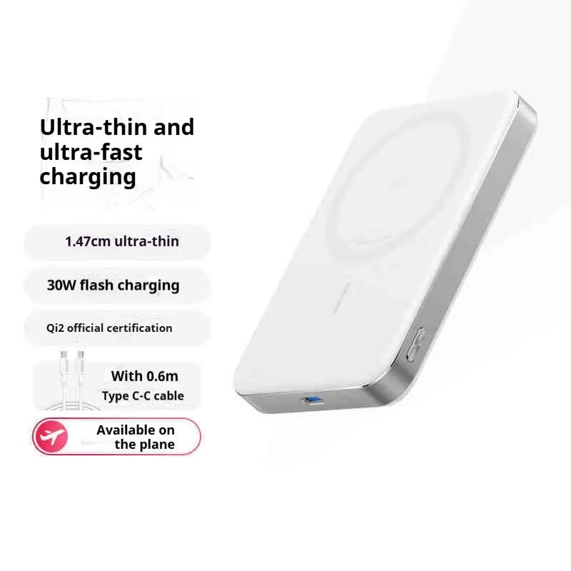 Ultra-thin Magsafe magnetic power bank with alloy shell, 30W fast charge, and 15W wireless charging in black