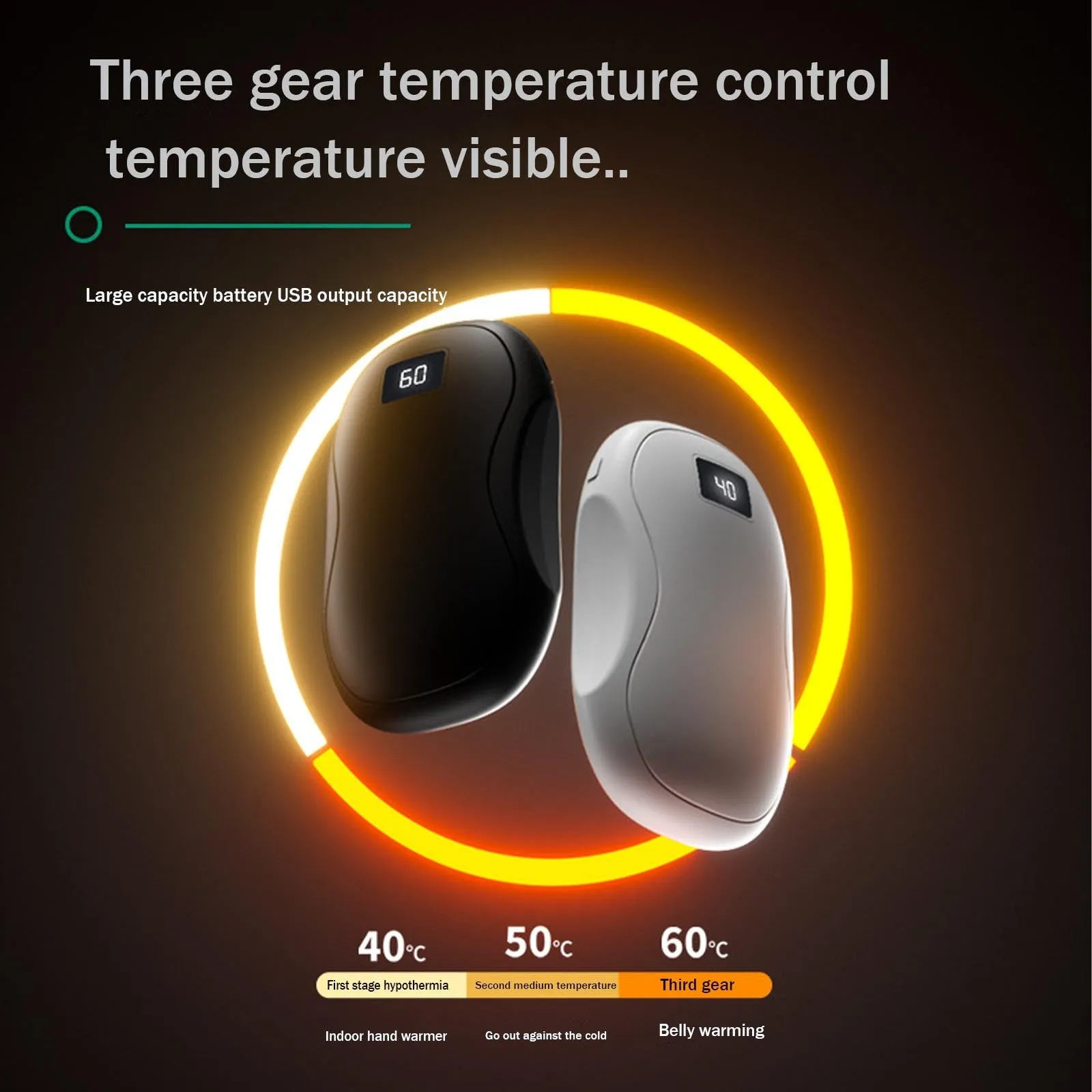 Electric hand warmer with digital display in black, USB rechargeable power bank for winter camping