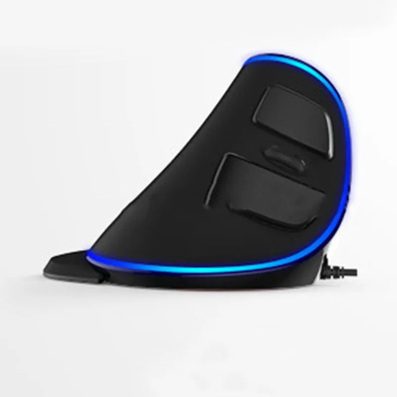 Vertical ergonomic wired computer mouse with RGB lighting, showing USB cable and DPI button.