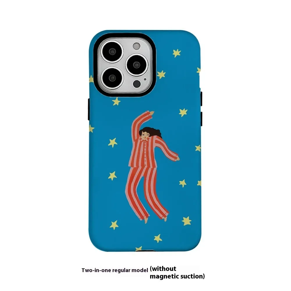 Feilin magnetic two-in-one phone case with funny cartoon illustration in blue frosted finish for iPhone