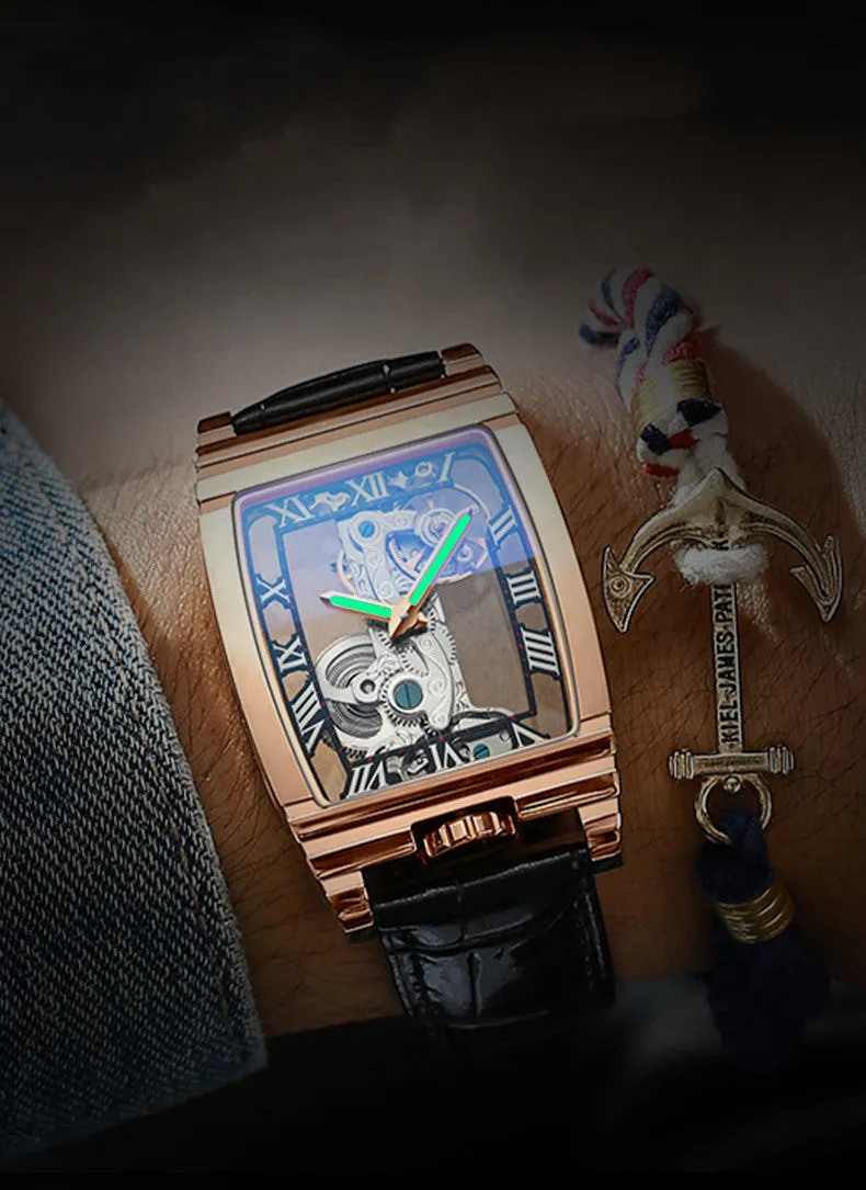 Daystar square stainless steel mechanical watch with leather strap on wrist, showing white dial