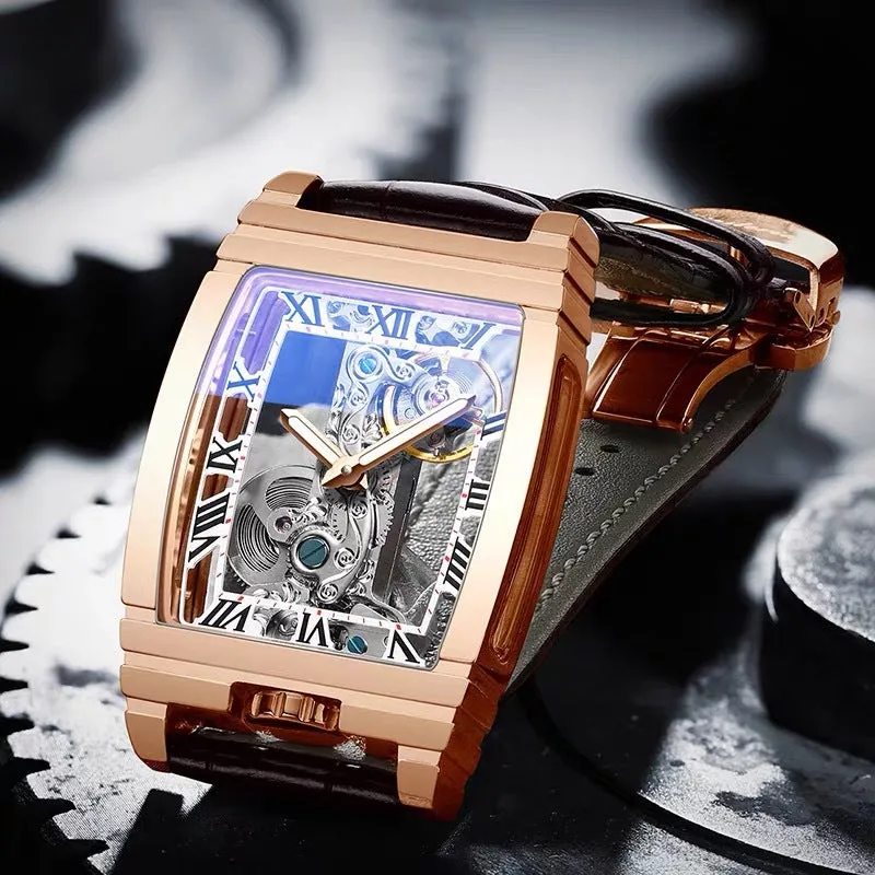 Daystar square stainless steel mechanical watch with leather strap on wrist, showing white dial