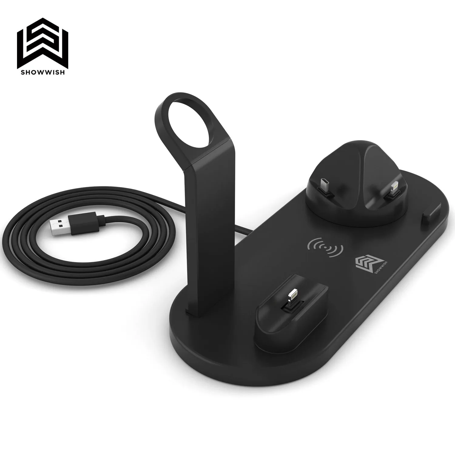 Six-in-one vertical wireless phone charging bracket on a desk in black colour with USB cable
