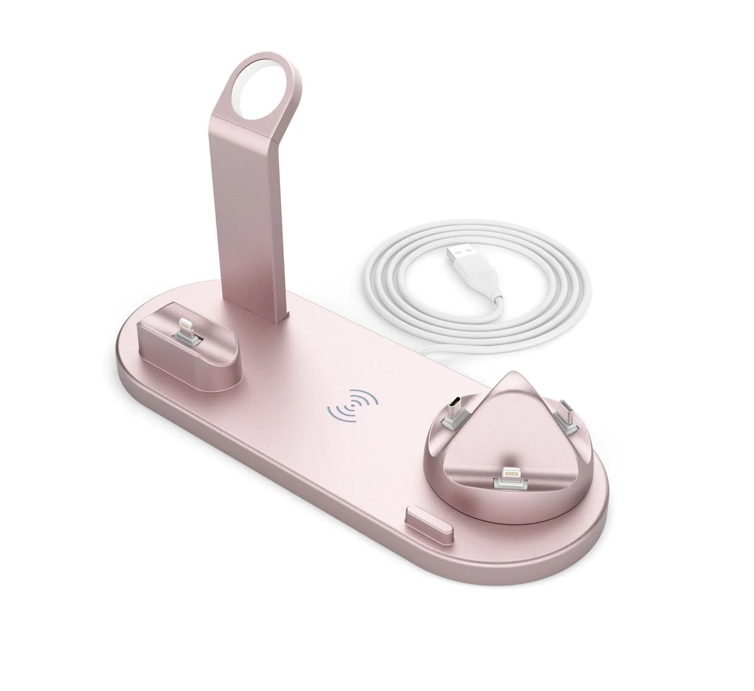 Six-in-one vertical wireless phone charging bracket on a desk in black colour with USB cable
