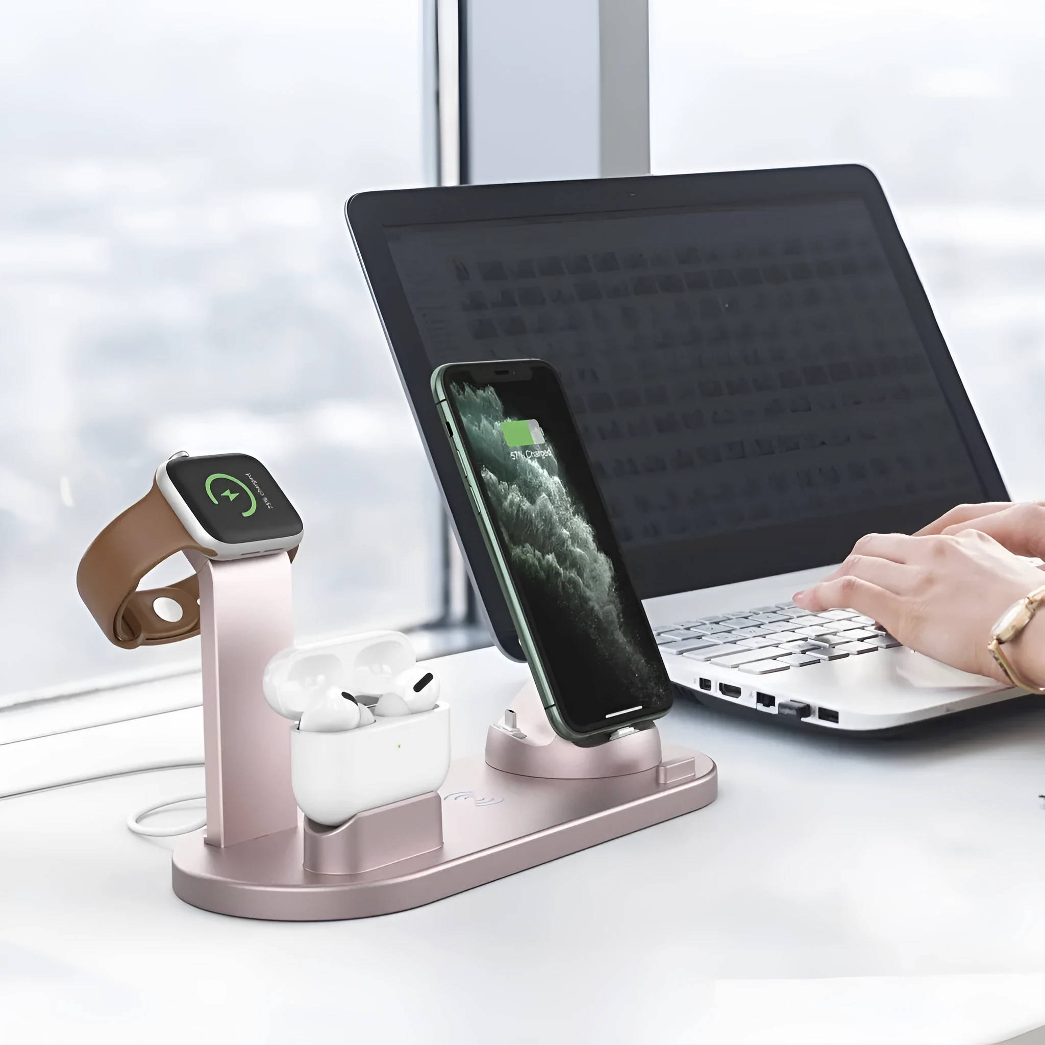 Six-in-one vertical wireless phone charging bracket on a desk in black colour with USB cable