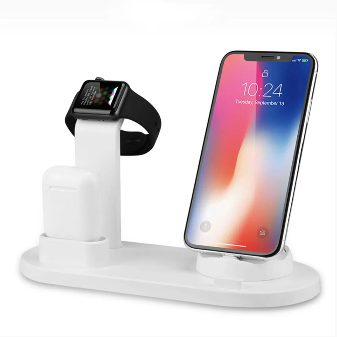 Six-in-one vertical wireless phone charging bracket on a desk in black colour with USB cable