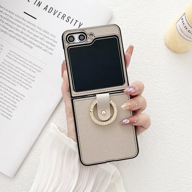PU lychee leather folding phone case with ring holder for Samsung Galaxy Z Flip 3 4 5 6