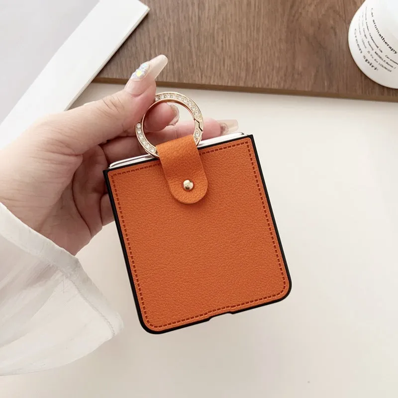 PU lychee leather folding phone case with ring holder for Samsung Galaxy Z Flip 3 4 5 6