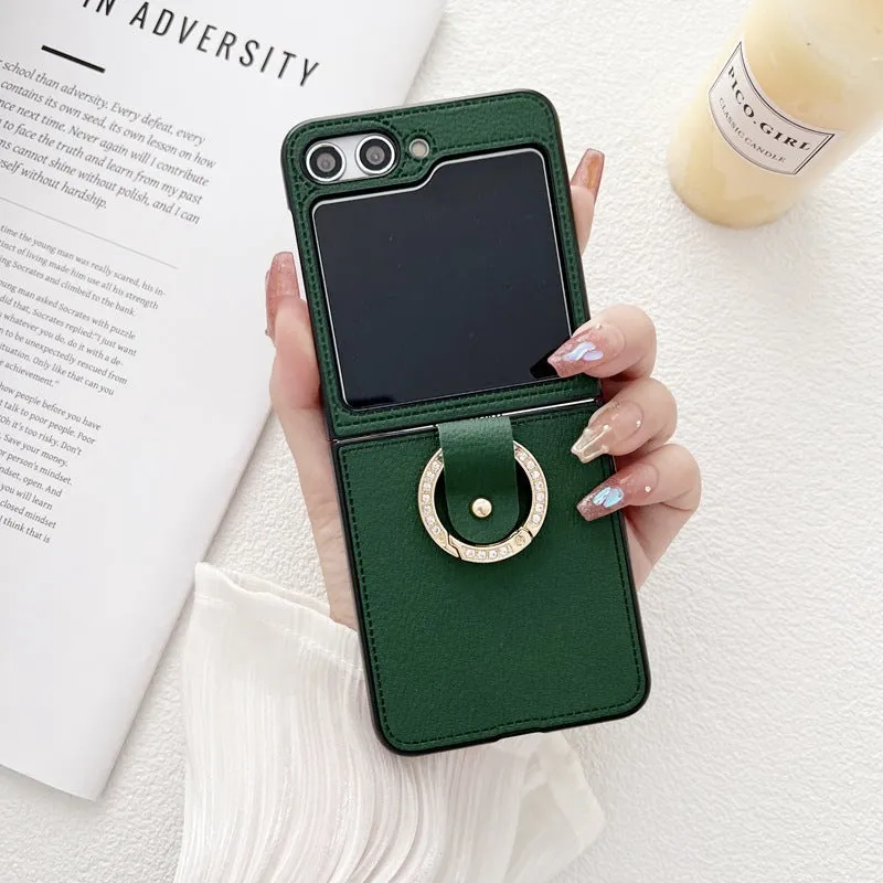 PU lychee leather folding phone case with ring holder for Samsung Galaxy Z Flip 3 4 5 6
