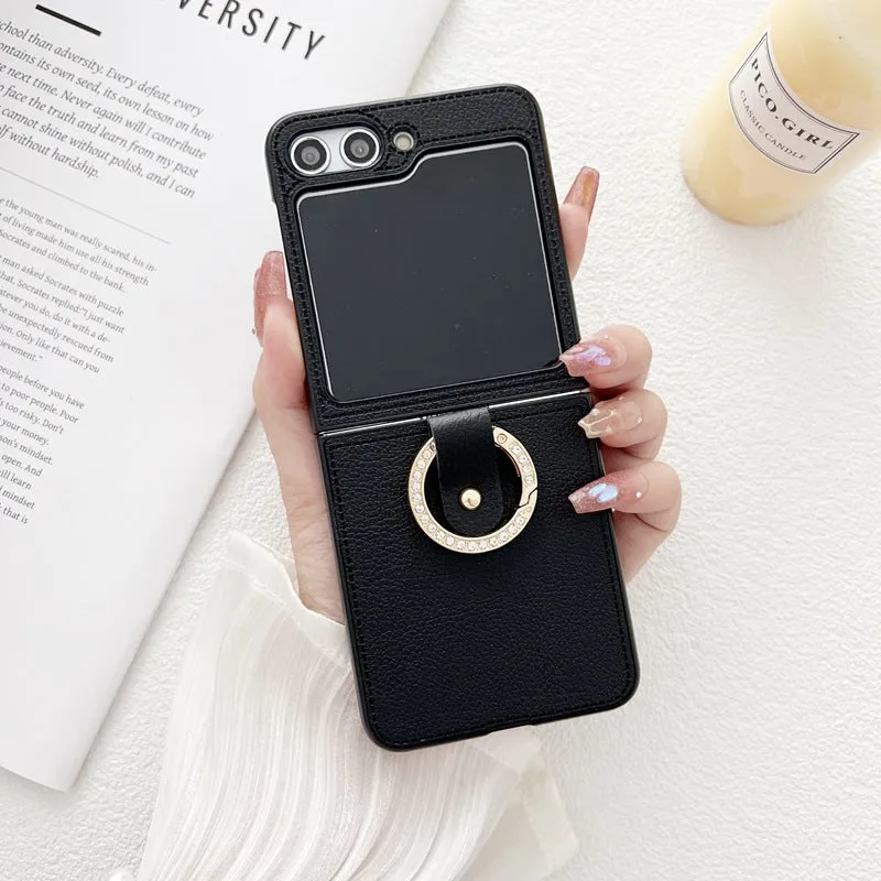 PU lychee leather folding phone case with ring holder for Samsung Galaxy Z Flip 3 4 5 6