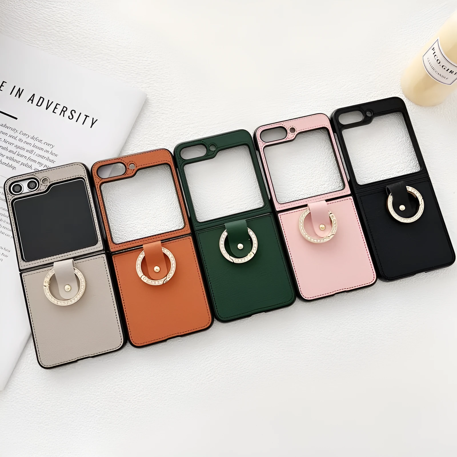 PU lychee leather folding phone case with ring holder for Samsung Galaxy Z Flip 3 4 5 6