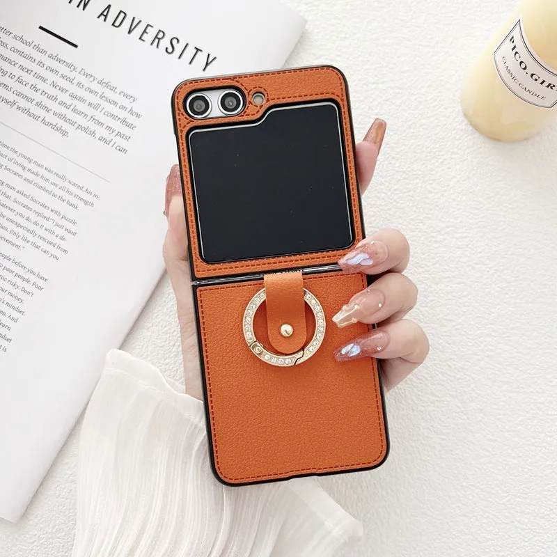 PU lychee leather folding phone case with ring holder for Samsung Galaxy Z Flip 3 4 5 6