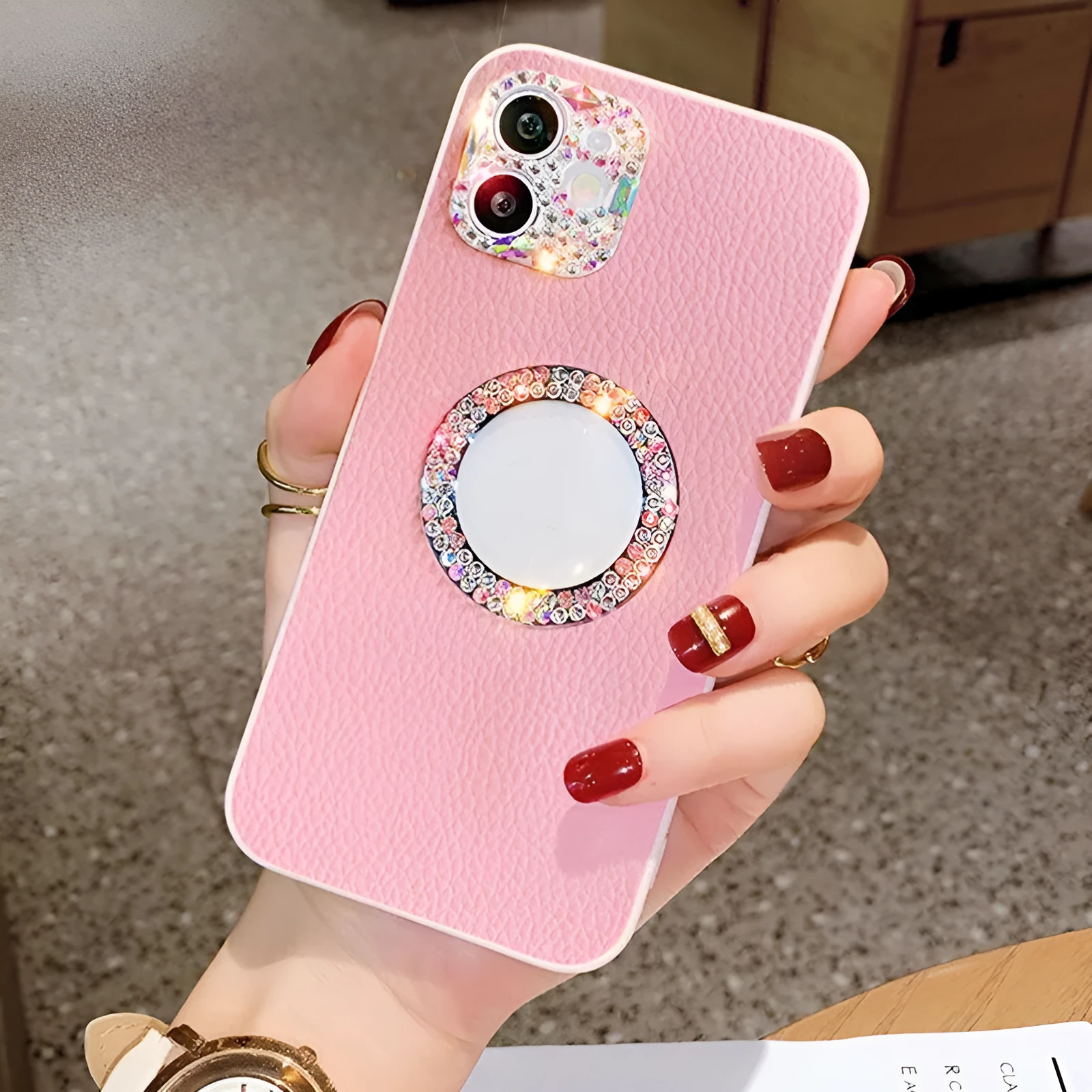 Luxury rhinestone TPU back cover phone case in purple, pink, and white for iPhone