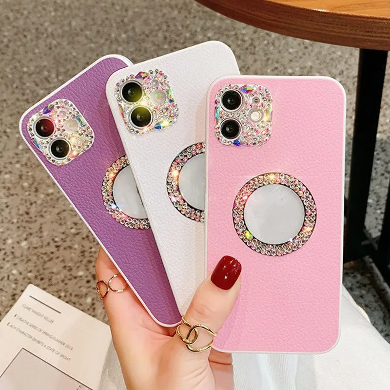 Luxury rhinestone TPU back cover phone case in purple, pink, and white for iPhone