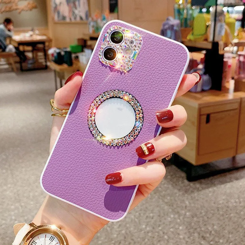 Luxury rhinestone TPU back cover phone case in purple, pink, and white for iPhone