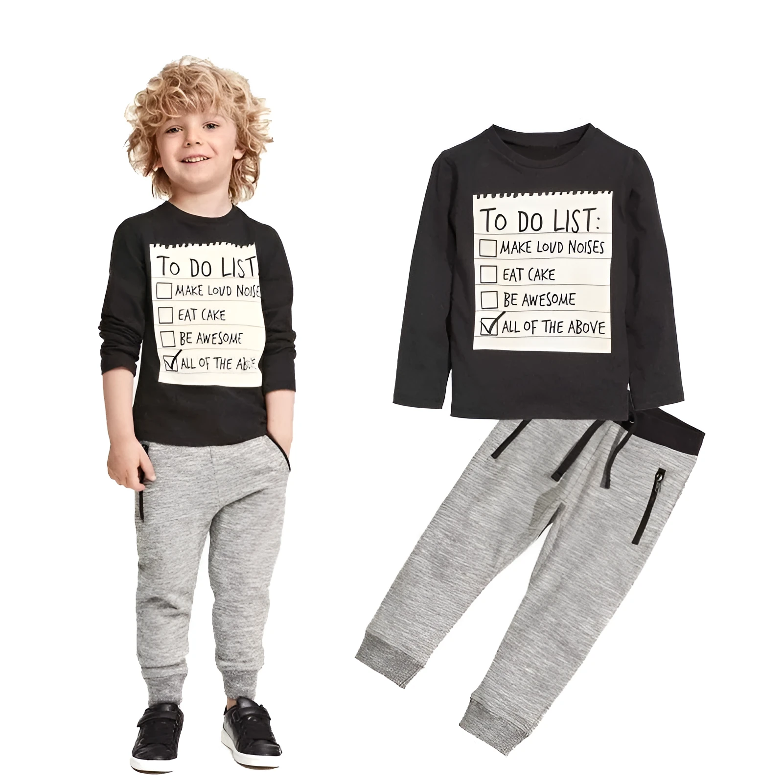 Boys casual cotton two-piece set with long sleeve T-shirt and pants featuring a letter print.