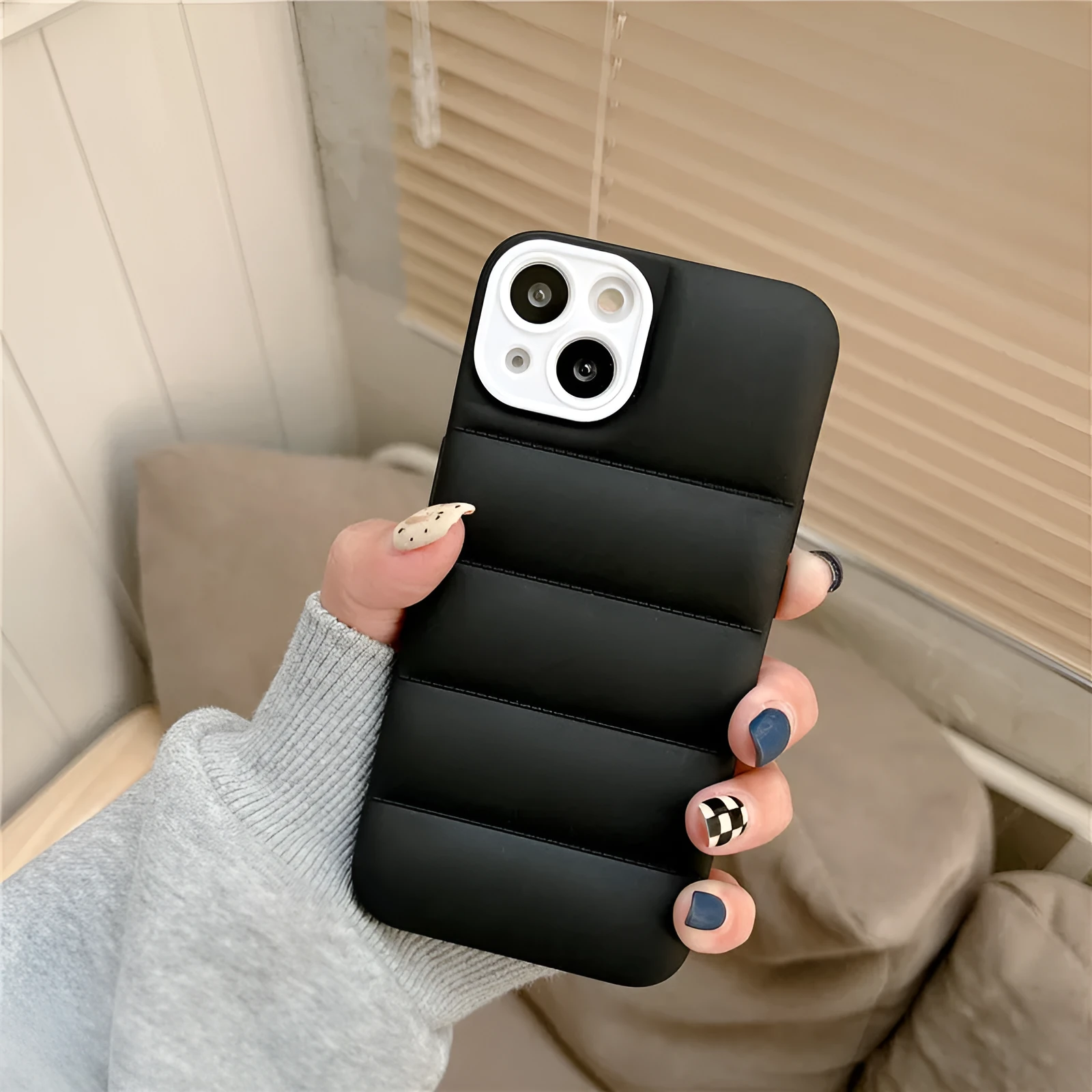 Creative down jacket style silicone TPU back cover for iPhone, solid colour, black example