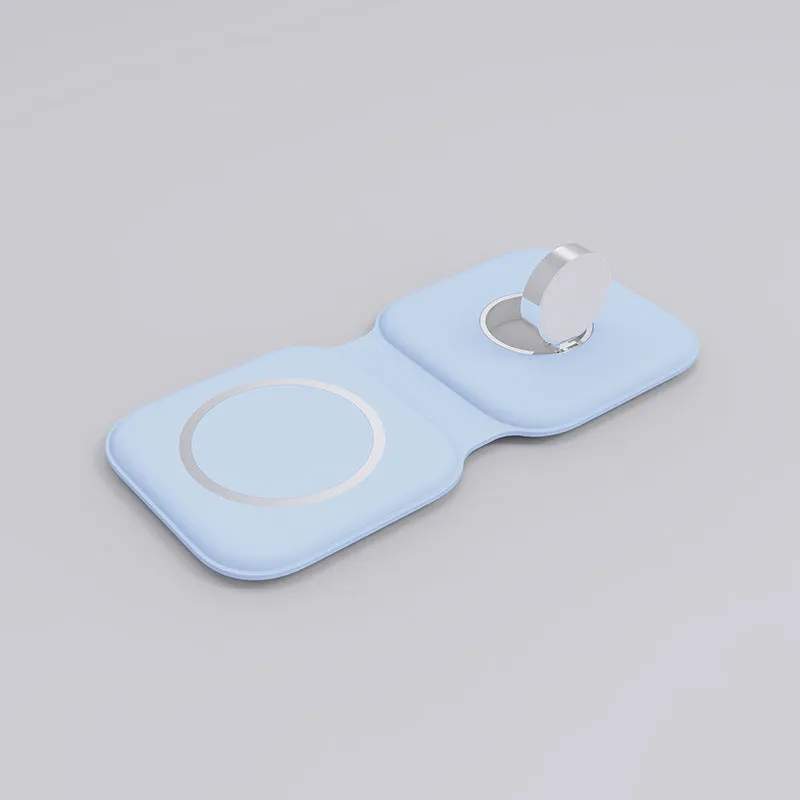 LFX-163 foldable wireless charger in fish-water blue colour charging a mobile phone and watch