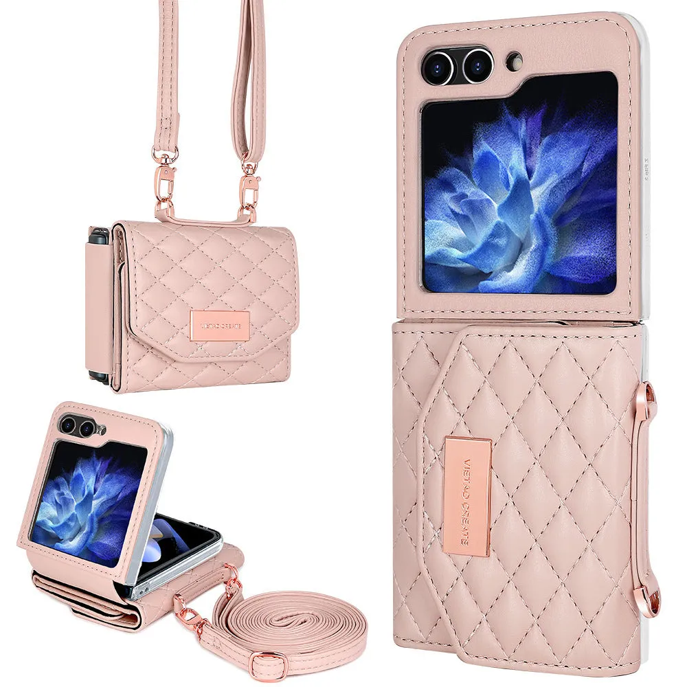 Fashion PU phone cover with lanyard and card slot for Samsung Z Flip in purple